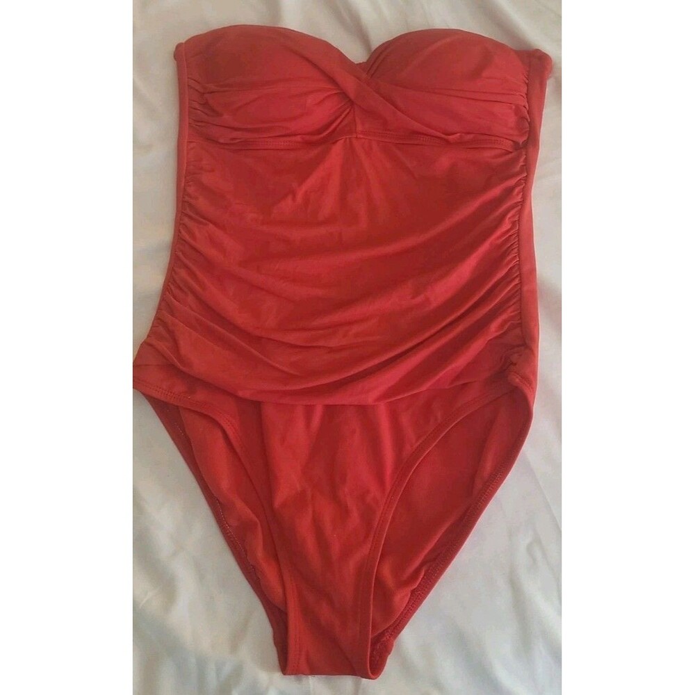 Liz Claiborne 10 Red Poppy One-Piece Swimsuit With Molded Cups No Straps New